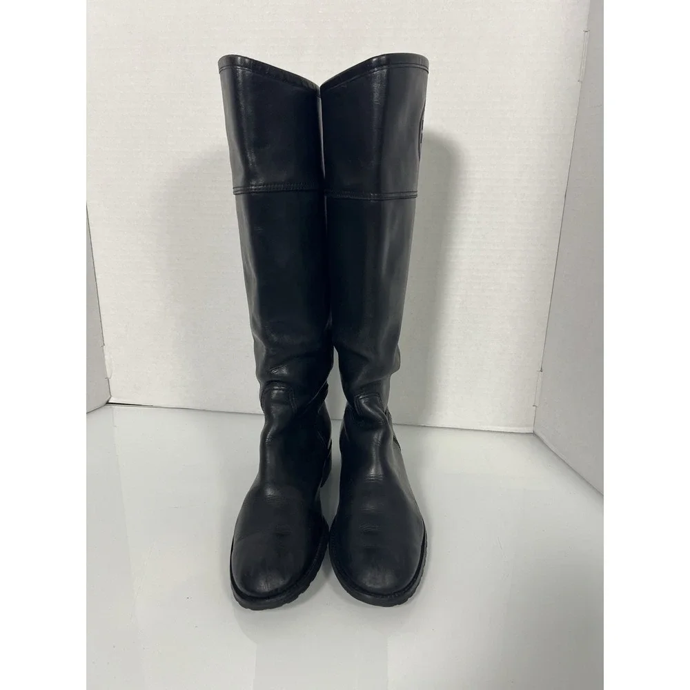 AUTHENTIC‎ TORY BURCH (7.5M) TALL BLACK LEATHER LOGOED BOOTS SEE DISCRIPTION